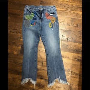 Flower embroidered jeans